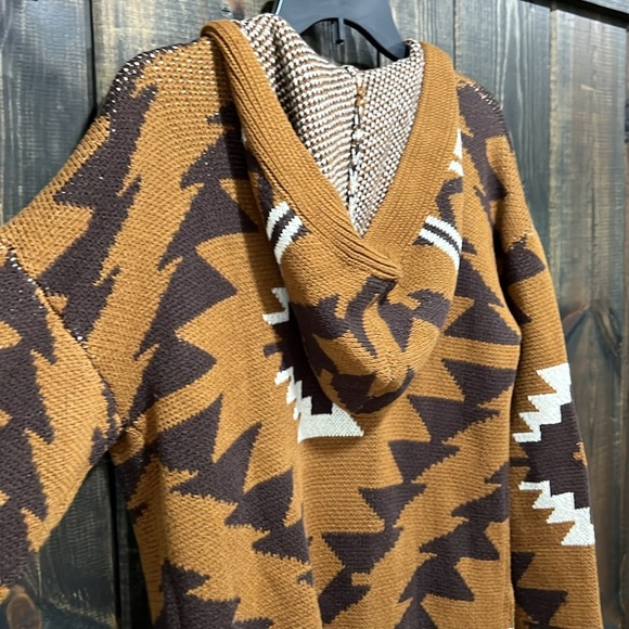 Lucky Brand Southwestern Aztec Cardigan S Open Brown Duster Cozy Hooded Casual - Picture 10 of 13